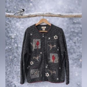 Northern Reflections cardinal chickadee and snowflakes embroidered zip cardigan